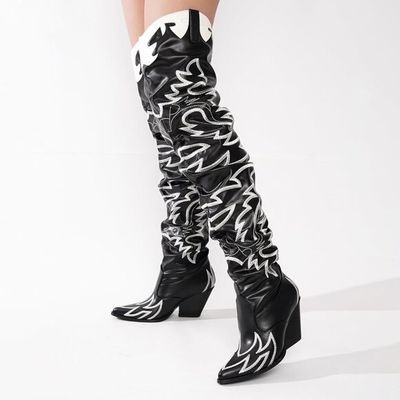 Women Black Fabric Thigh High Over The Knee Pointed Toe Chunky Heels Tall Boot - Picture 5 of 7